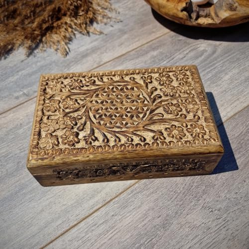 Budawi® Holztruhe Holzschatulle Holzbox Blume des Lebens aus Mangoholz Schachtel Schmuckschatulle 20 x 12cm