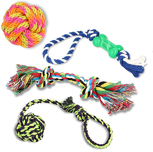 Golden Pets Hundespielzeug 4-teiliges Set I Ideal für kleine bis mittelgroße Hunde und Welpen I Aus natürlichen hochwertigen Baumwollfasern I + Gratis Pflegehandbuch