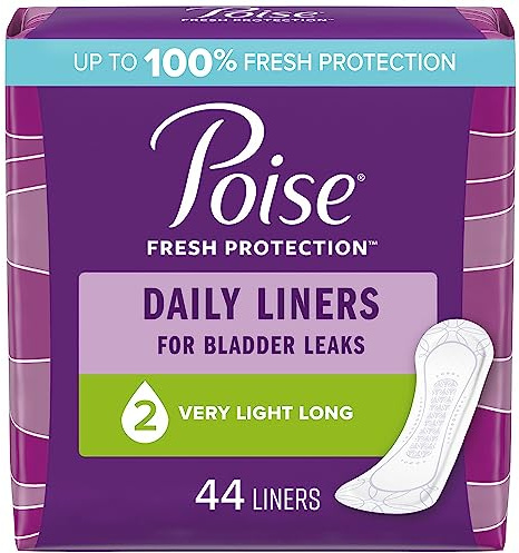 Poise Daily Incontinence Panty Liners, 2 Drop Very Light Absorbency, Long, 44 Count of Pantiliners, Packaging May Vary