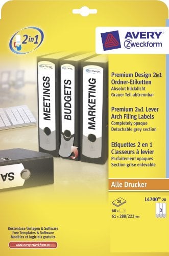Avery Zweckform L4700-20 Premium Design 2in1 Ordner-Etiketten, blickdicht, 288 x 61 mm, 20 Blatt/60 Etiketten, weiß, grau