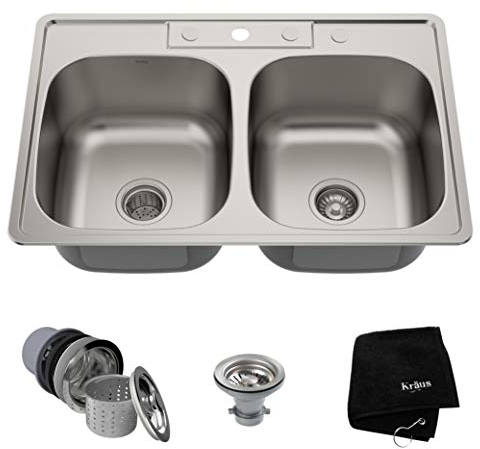 Kraus ktm33 33 inch Topmount 50/50 doble cuenco fregadero de cocina de acero inoxidable de calibre 18