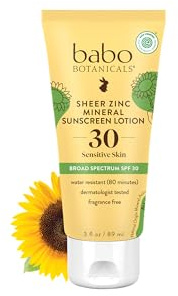 Babo Botanicals Zinc Sunscreen Lotion SPF 30 with 100% Mineral Actives, Non-Greasy, Water-Resistant, Fragrance-Free, Vegan, For Babies, Kids or Sensitive Skin, Clear, 3 Fl Oz