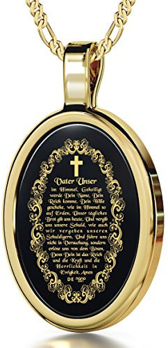 Nano Schmuck 14k (585) Gelbgold Halskette Kreuz und Vater Unser Graviert auf Deutsch mit 24k Gold auf 15x21mm Schwarzem Onyx Anhänger, 45cm Gold-filled Kette