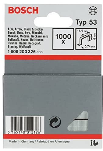 Bosch Accessories Professional 1000x Feindrahtklammer Typ 53 (Natürliche Materialien, Textilien, Karton, 11.4 x 0.74 x 6 mm, Zubehör Tacker)