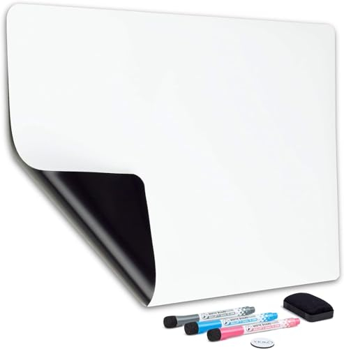 Magnetic Dry Erase Whiteboard Sheet for Fridge - 19x13 / 48x33cm - Stain-Resistant w/ 3 Fine Tip Markers & Big Eraser with Magnets, Refrigerator White Board Planner & Organiser - by Yes4Quality