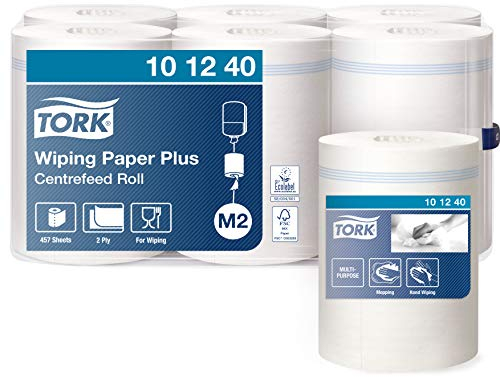 Tork 101240 Starke MehrzweckPapierwischtücher für das M2 Innenabrollung Spendersystem / 2-lagiges stabiles Papier in Weiß, 6 x 160 Meter