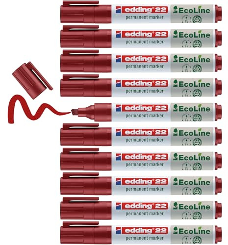 edding 22 Ecoline Permanent Marker - red - Box of 10 - Chisel tip 1-5 mm - Waterproof, Quick-Drying, Smear-Proof pens - for Cardboard, Plastic, Glass, Wood, Metal and Fabric - refillable