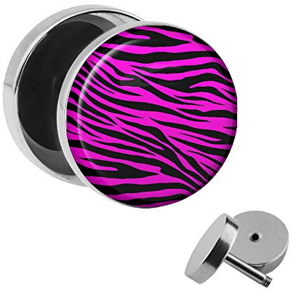 Treuheld | Ohrstecker zum Schrauben - Pink ZEBRA/TIGER - schwarz-weiß - Motiv Fake-Plug Ø 10mm Silber - Edel-Stahl Ohr-Ringe - Chirurgen-Stahl 316L Fake-Tunnel - Gewinde Ohr-Stecker - Fell Muster