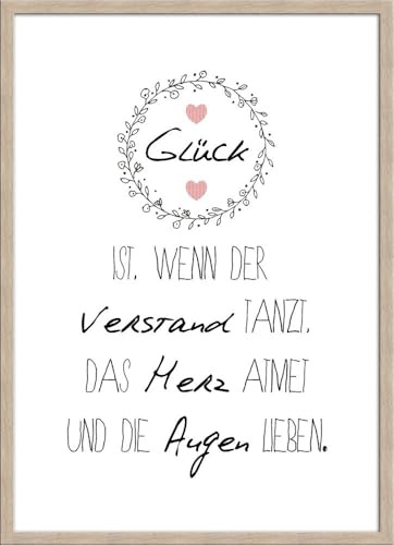 artissimo gerahmtes Poster mit Spruch 50x70 cm Glück Liebe PE6036-ER – Bild mit Rahmen, skandinavisches Sprüchebild, Typografie Wandbild, Kunstdruck Hochformat, naturtöne