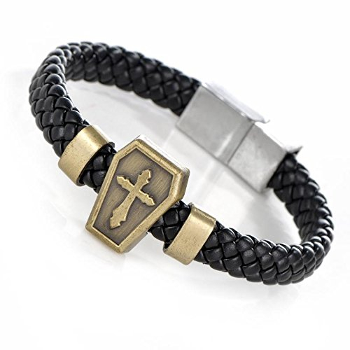 Gemini Armband (schwarz), 1x Element mit Kreuz, hochwertiges Leder, Flechtarmband, polierter Edelstahl Magnetverschluss, außergewöhnliches Design für Herren, Damen