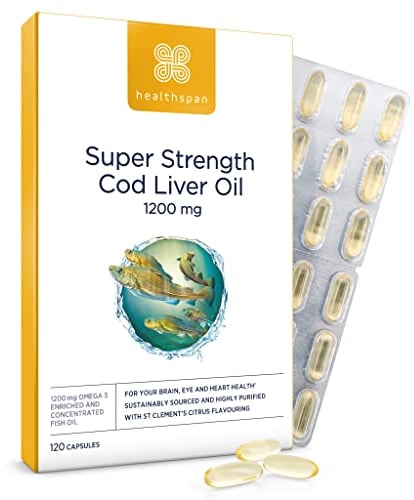 Healthspan Super Strength Cod Liver Oil 1,200mg (120 Capsules) | Supports Heart, Brain & Eye Health | Added Vitamin A, D3 and Calcium | Rich in Omega-3 Fatty Acids DHA & EPA | Sustainably Sourced