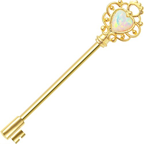 Industrial Piercing Barbell Heart Key Design with Opalite 316L Surgical Steel (White Opalite) by BodyJewelryOnline