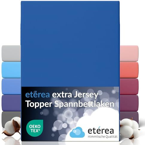 etérea Premium Topper Spannbettlaken 180x200cm – 200x220cm Blau – extra Jersey Spannbetttuch bis 10cm Höhe und 220 cm Länge – 160 g/m² schwere gekämmte Baumwolle – Topper Bettlaken