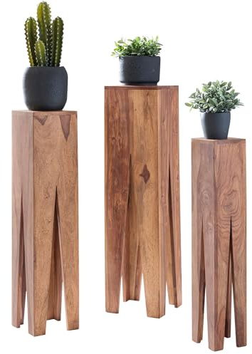 FineBuy Beistelltisch 3er Set Massivholz Satztisch Quadratisch Modern, Säulentisch Pflanzentisch 3-teilig, Blumenständer Blumentisch Wohnzimmer, Pflanzenhocker Blumenhocker Dekosäule