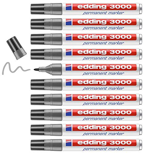 edding 3000 Permanentmarker - grau - 10 Stifte - Rund-Spitze 1,5-3 mm - schnell trocknender Permanent Marker - wasserfest, wischfest - für Karton, Kunststoff, Holz, Metall - Universalmarker