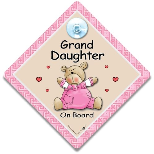 Granddaughter on Board Car Sign, Grandchild On Board, Suction Cup Baby On Board Sign in Pink and Black 14cm x 14cm