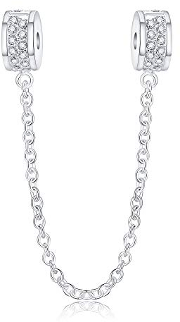 Fantasticharm Clasp Safety Chain with Two Clip Charm Genuine 925 Sterling Silver Clear CZ April Birthstone Beads Fit European Charms Bracelets