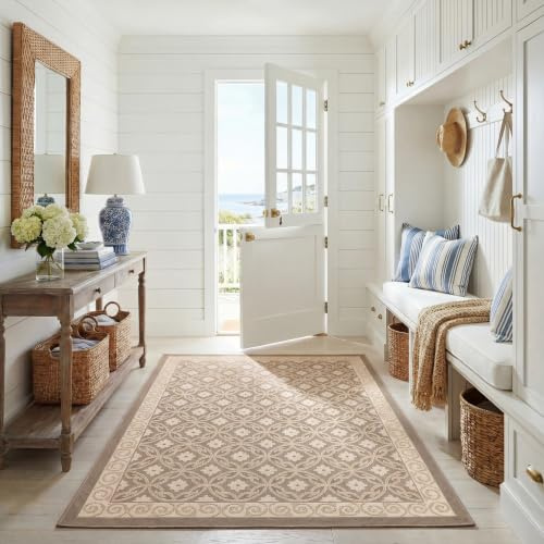 SAFAVIEH Courtyard Collection Accent Rug - 4' x 5'7, Beige & Beige, Non-Shedding & Easy Care, Indoor/Outdoor & Washable-Ideal for Patio, Backyard, Mudroom (CY7810-97A21)
