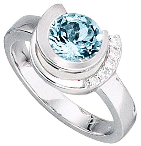 Jobo Damen-Ring aus 14 Karat 585 Weißgold mit Aquamarin und 5 Diamanten Größe 52