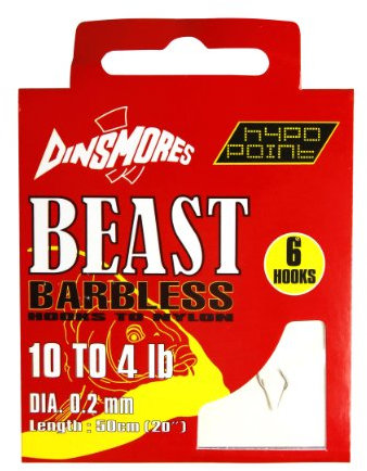 Dinsmores Beast Barbless Fishing Hooks to Nylon - White, 10