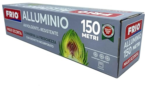 FRIO – Papier aluminium alimentaire 150m avec lame intégrée | Rouleau professionnel cuisine, pâtisserie, barbecue | Épais, résistant, passe au four, frigo, congélateur | Emballage, film cuisson