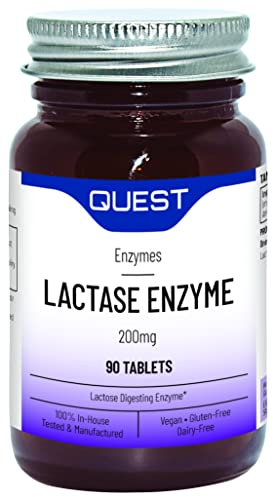 Quest Lactase Enzyme 200mg Lactose Intolerance Relief. 2000 ALU Fast Relief Dairy Enzymes Digestive Supplement to Prevent Gas, Bloating & Diarrhoea. Dairy, Gluten Free & Vegan (3 Pack x 90 Tablets)