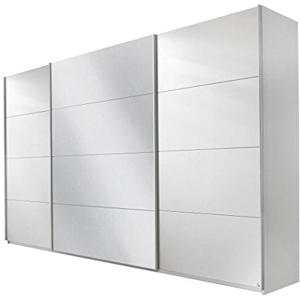 Rauch Möbel Quadra Kleiderschrank, Schwebetürenschrank, 3-türig, inkl. Zubehörpaket Basic 8 Einlegeböden 4 Kleiderstangen, Farbe Alpinweiß, BxHxT 315x229x62cm