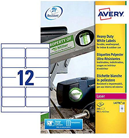 Avery L4776-20 Etiketten sehr widerstandsfähig für Laserdrucker 99,1 x 42,3 mm 240 Stück Weiß