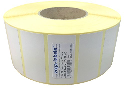 Thermo Etiketten auf Rolle - 70 x 32 mm - 4.200 Stück je Rolle - Kern: 76 mm - aussen gewickelt - permanent haftend - Druckverfahren: Thermodirekt (Drucken ohne Farbband)