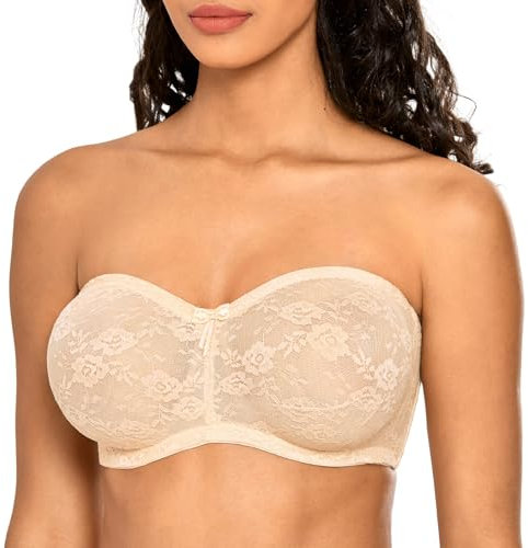 DOBREVA Donna Reggiseno Pizzo Senza Spalline Non Imbottito con Ferretto Invisibile Spalline Removibili Beige 3E