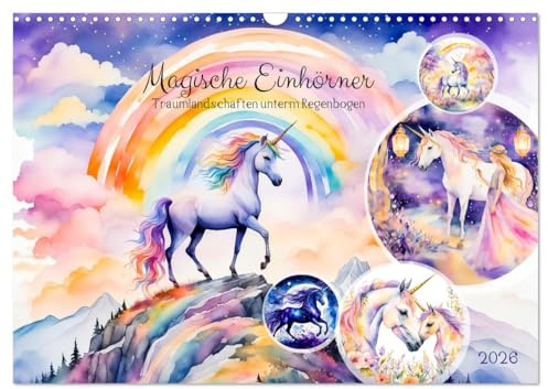Magische Einhörner - Traumlandschaften unterm Regenbogen (Wandkalender 2026 DIN A3 quer), CALVENDO Monatskalender: Tauche ein in eine zauberhafte Welt ... unterm Regenbogen (CALVENDO Tiere)