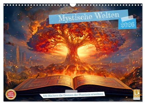 Mystische Welten - Mit Büchern die Grenzen der Phantasie erweitern (Wandkalender 2026 DIN A3 quer), CALVENDO Monatskalender: Welten der Bücher: ... Portalen in Büchern. (CALVENDO Kunst)