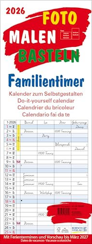 Foto-Malen-Basteln Familientimer 2026: Familienplaner mit 4 Spalten als Fotokalender zum Selbstgestalten. Familienkalender mit Ferienterminen und festem Bastelpapier.