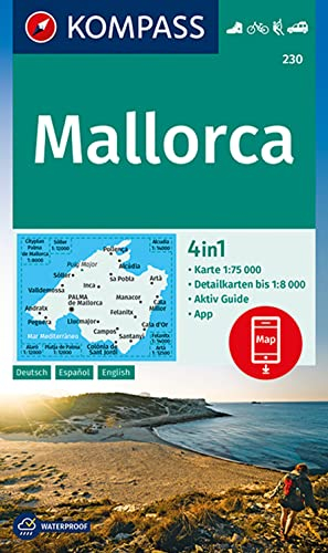 KOMPASS Wanderkarte 230 Mallorca 1:75.000: 4in1 Wanderkarte mit Aktiv Guide und Detailkarten inklusive Karte zur offline Verwendung in der KOMPASS-App. Fahrradfahren. Klettern. Autokarte.