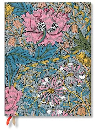 Paperblanks 12-Monatskalender 2025, Morris Heckenkirsche in Pink, Mini, Tagesüberblick, Elastikband-Verschluss