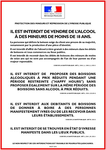 Autocollant vinyl - ALCOOL - PROTECTION DES MINEURS ET RÉPRESSION DE L'IVRESSE - Consommation sur place - L.300 x H.210-1