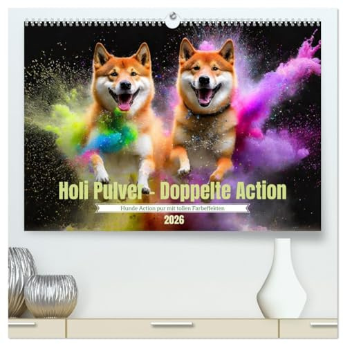 Holi Pulver - Doppelte Action (hochwertiger Premium Wandkalender 2026 DIN A2 quer), Kunstdruck in Hochglanz: Leben ist das mit der Freude und den Farben (CALVENDO Tiere)