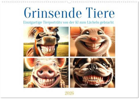 Grinsende Tiere - Tierporträts von der KI zum Lächeln gebracht (Wandkalender 2026 DIN A2 quer), CALVENDO Monatskalender: Freude pur in jedem Tierbild (CALVENDO Spass)
