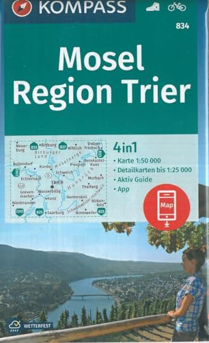 KOMPASS Wanderkarte Mosel, Region Trier: 4in1 Wanderkarte 1:50000 mit Aktiv Guide und Detailkarten inklusive Karte zur offline Verwendung in der ... (KOMPASS-Wanderkarten, Band 834)