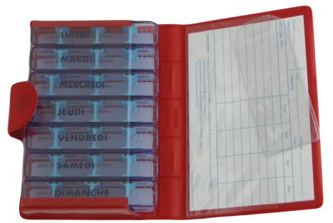 MEDIDOS - LUXE, ROUGE, Pilulier pour médicaments peu volumineux, contenant 7 boites journalières indépendantes, chacune avec 4 compartiments réglables, dans une trousse pratique en matière synthétique.
