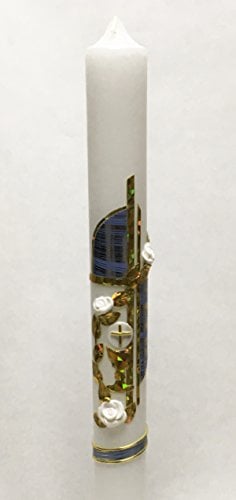 Taufkerze Kommunionkerze K-8 Gold/Blau inkl. Tropfschutz und Beschriftung KW-JO-K08