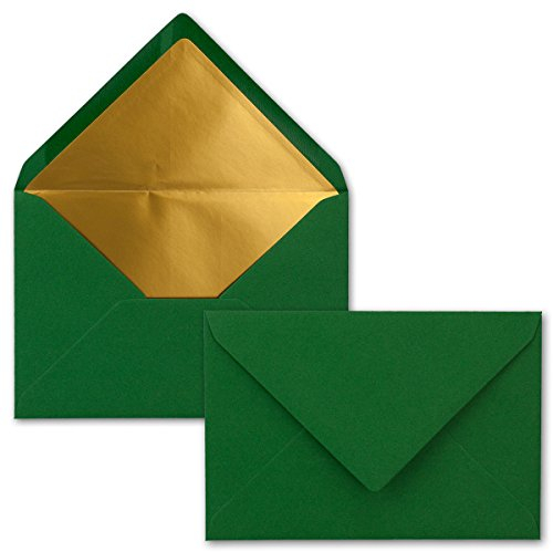 Kuverts Dunkelgrün - 50 Stück - Brief-Umschläge DIN C6-114 x 162 mm - 11,4 x 16,2 cm - Naßklebung - matte Oberfläche & Gold-Metallic Fütterung - ohne Fenster - für Einladungen