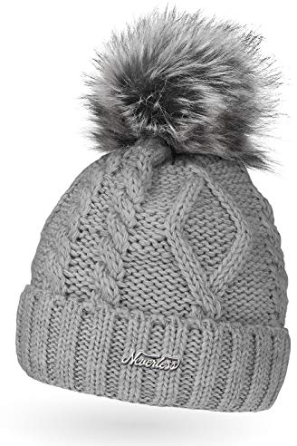 Neverless gefütterte Damen Strickmütze mit Fell-Bommel und Fleece-Futter, Kunstfell, Winter-Mütze, Bommelmütze, Hellgrau Unisize