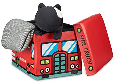 Relaxdays Faltbare Spielzeugkiste Feuerwehr HBT 32 x 48 x 32 cm stabiler Kinder Sitzhocker als Spielzeugbox aus Kunstleder mit Stauraum ca. 37 l und Deckel zum Abnehmen für Kinderzimmer, Firetruck