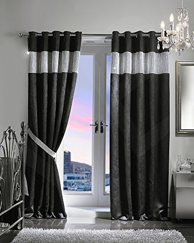 viceroy bedding PAIR OF VELVET STYLE DIAMANTE THERMAL BLACKOUT Eyelet Ring Top Curtains Including Pair of Matching TIE BACKS (90'' x 90'', Black)