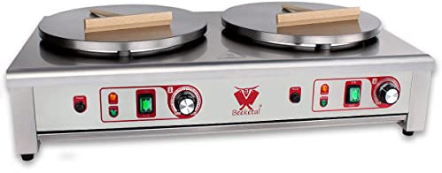 Beeketal 'BC40-2' Gastro Doppel Crepes Maker mit 2x Ø 400 mm Gusseisen Crepesplatten, 50-300 °C einstellbar, Platten separat regelbar, Profi Crepiere im Edelstahl Gehäuse mit extra Schublade