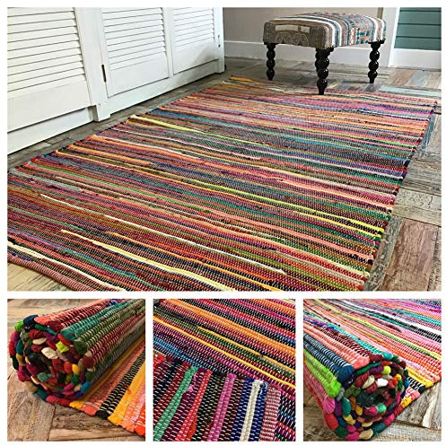 Second Nature Online Medium Square Rainbow Eco Friendly Chindi Rag Rug Hand Loomed in Flat Weave Style with Multi Colour Recycled Fabric Strips 150 cm x 150 cm