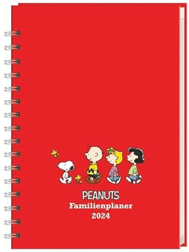 Peanuts Familienplaner Buch A5 2024. Familienkalender mit 5 Spalten. Liebevoll illustrierter Buch-Kalender mit Einstecktasche und Schulferien. Terminplaner mit 160 Seiten.