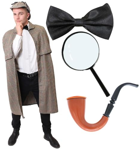 I LOVE FANCY DRESS Viktorianisches Detektiv-Kostüm – Standard – viktorianischer Umhang, Deerstalker-Hut, gefälschte Pfeife und Lupe – perfekt für den Welttag des Buches und die Buchwoche