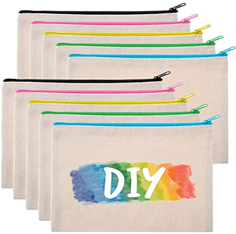 Senbeeda 10 Stück DIY Blanko Stoff Stoffbeutel Federmäppchen, Reise Kulturbeutel, Schulmäppchen, Segeltuch Mäppchen, Kosmetiktasche Klein, Schminktasche, Stiftehalter zum DIY Bemalen, 21x13cm